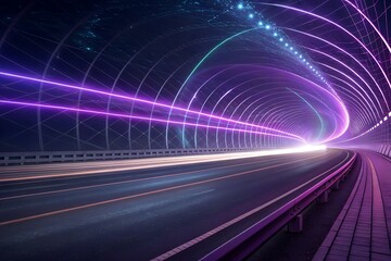 Tunnel of light with glowing car trails on a highway at night
