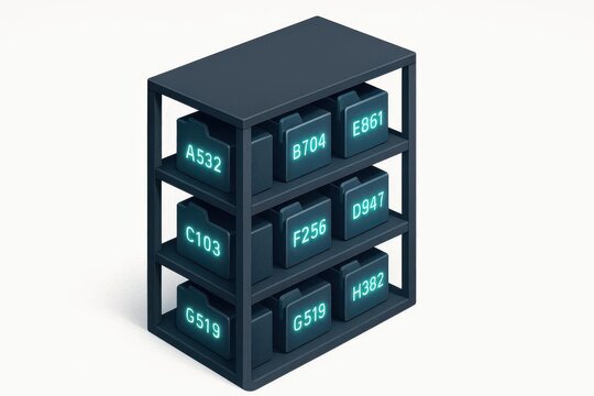 Secure digital archive shelves, virtual file cubes with glowing index codes
