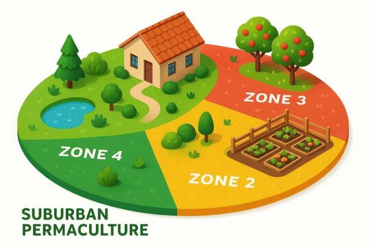 Suburban permaculture design map, micro-ecosystem zones with garden icons
