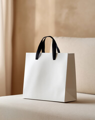 Elegant mockup white shopping bag with black handles on a soft neutral sofa