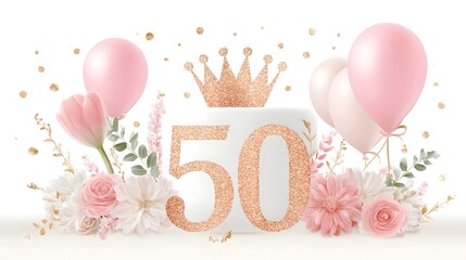 Elegant rose gold glitter  50  cake crowned with a tiara surrounded by pink balloons delicate floral arrangements and sparkling confetti for a milestone birthday celeb n