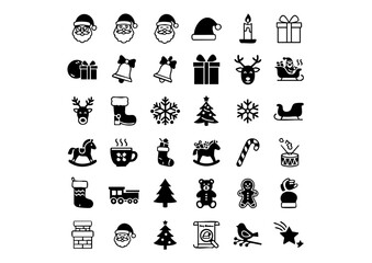 Monochrome Santa Claus Christmas Icon Pack, Black & White Vector Holiday Symbols, Minimalist Father Christmas Glyphs (Line Art)