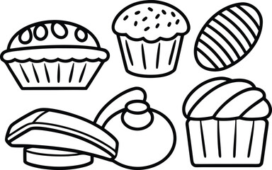 Line art collection of assorted food, office, and beauty items