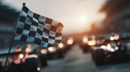 Naklejka premium Checkered flag waving above race cars at speed motion blur