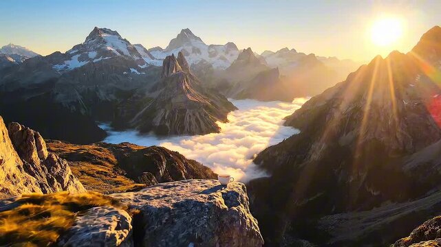 Camera pulls back from a cup of tea placed on a mountain rock, revealing a panoramic view of peaks, clouds, and sunrise light filling the landscape.