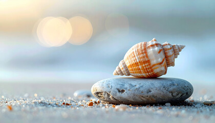 Beautiful seashell on smooth pebble, serenity and natural elements perfect for wellness and meditation
