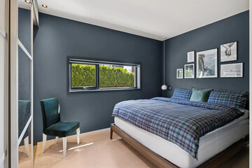 Modern luxury bedroom interior in minimal scandinavian style, 3d render