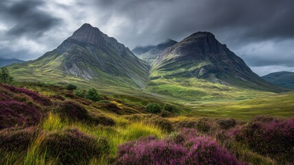 Dramatic Scottish Highlands Landscape with Purple Heather