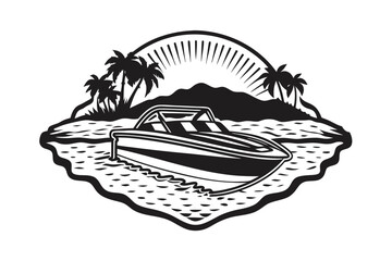 The monochrome motorboat rests calmly upon stylized waters near distant islands and shining sun