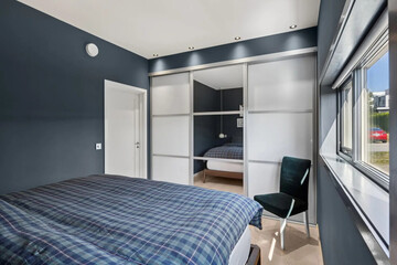 Modern luxury bedroom interior in minimal scandinavian style, 3d render