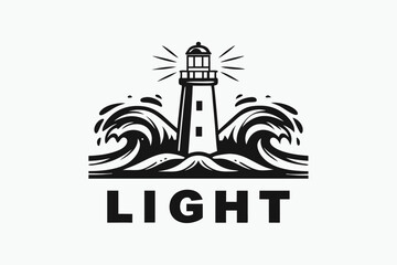 The monochrome lighthouse stands tall against crashing waves with light rays above it