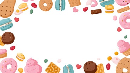 Decorative frame made of assorted sweet treats including cookies donuts  arons cupcakes chocolate and raspberries set against a clean white backdrop