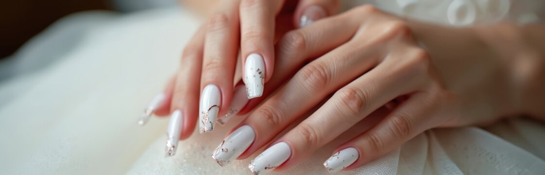 Woman hands with white manicured nails, gold foil accents resting on white fabric. Bride fingers long, elegant. Closeup view of female hands with modern nail art design. Beautiful nail polish on - Powered by Adobe