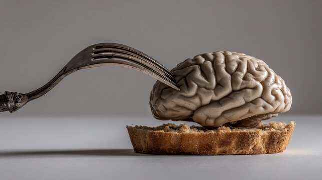 Brain on bread with fork concept representing thought and ideas