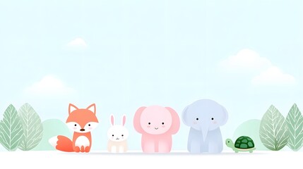 Fototapeta premium Adorable digital illust n of a friendly fox rabbit pastel elephants and a turtle in a whimsical outdoor setting with trees and clouds