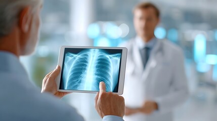 Two medical professionals collaborate reviewing a chest X ray on a digital tablet device within a contemporary clinical environment highlighting advanced diagnostic tools