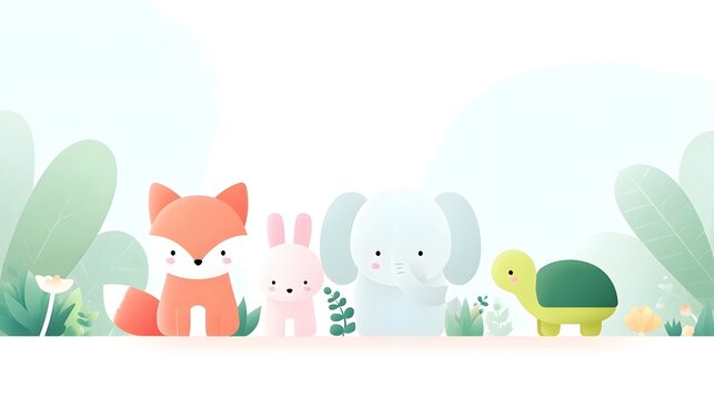 Adorably depicted cartoon characters of a fox bunny elephant and turtle are gathered in a serene minimalist forest scene with soft green leaves and whimsical flora - Powered by Adobe