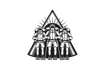 Three Asian hikers stand against a backdrop of mountain peaks in black and white