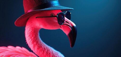 Pink flamingo wears black fedora hat, dark round sunglasses. Stylish bird poses cool under vibrant neon light. Animal illustration retro vibe on dark blue background. Suggests summer party fun,