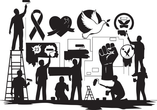 International volunteer day diverse icons and silhouettes promoting global unity and community action - Powered by Adobe