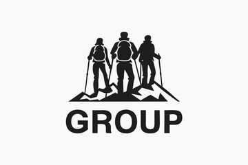 Three backpackers stand on mountain peaks in a monochrome logo silhouette creating a team spirit