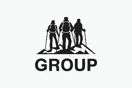 Three backpackers stand on mountain peaks in a monochrome logo silhouette creating a team spirit
