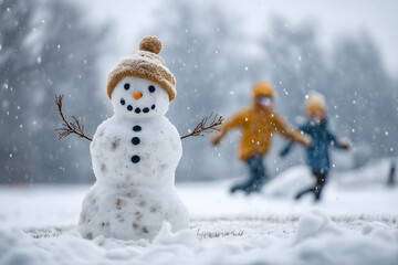 snowman in snowy field kids playing happily