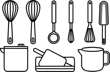 Essential kitchen tools outline set for cooking and baking tasks