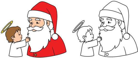 Cute Angel Child Touching Santa's Beard Adorable Christmas Character Interaction Holiday Greeting and Festive Coloring Page