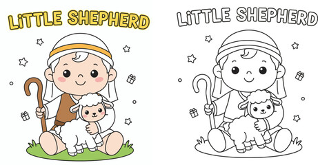 Cute Little Shepherd with Lamb Adorable Biblical Cartoon Character Children's Coloring Page and Nativity Scene Element