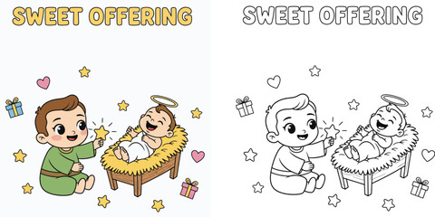 Sweet Offering Cute Child Adoring Baby Jesus with Star Christmas Nativity Scene Coloring Page and Holiday Card Art