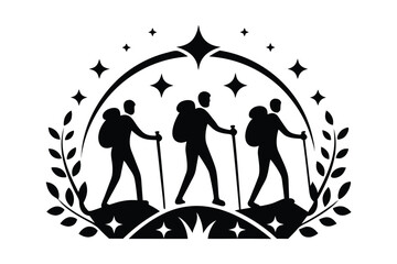 Three backpacker figures traverse rocky terrain with trekking poles amid stars and foliate, a black silhouette