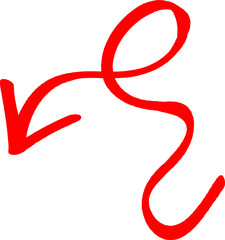 Bold red arrow design element pointing downwards and curving elegantly, perfect for highlighting, Calligraphic arrow