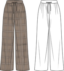 Plaid pants with drawstring waistband and wide leg trousers flat sketch, fashion garment design, CAD drawing flat vector illustration