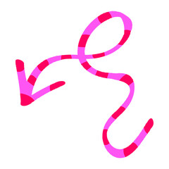 Vibrant pink and red striped arrow curves dynamically pointing left, perfect for highlighting direction, emphasis, or playful design elements