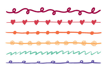 Decorative line borders and dividers featuring hearts, dots, flowers, and playful scribbles in vibrant colors
