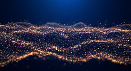 Abstract glowing particles forming a digital wave pattern on a dark blue background, representing data flow and connectivity