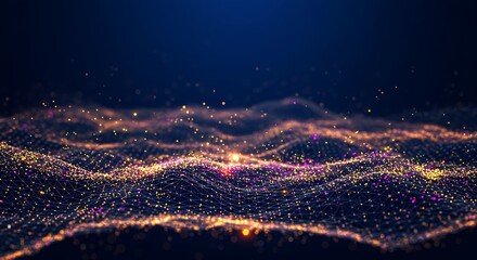 Abstract glowing particles forming a digital wave pattern on a dark blue background, representing data flow and connectivity