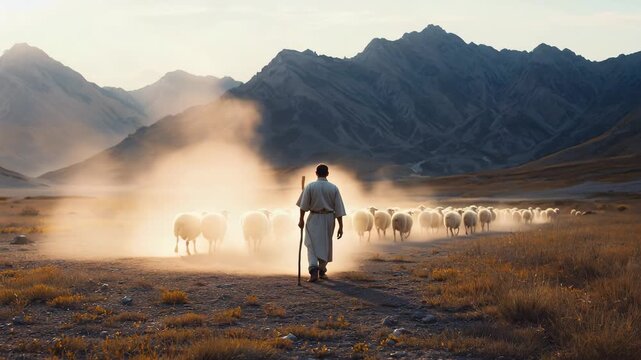 Shepherd leads flock of sheep through dusty mountain path at sunset