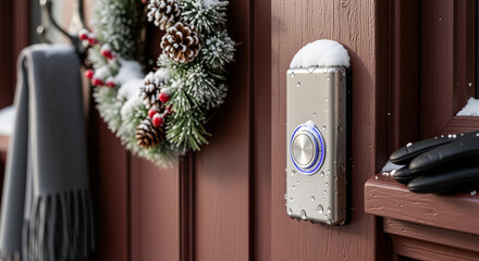 Snow on doorbell button smart metal doorbell with glowing ring covered in snow droplets, festive wreath blurred in background, cozy winter entryway feel,holiday home security concept,doorbell button