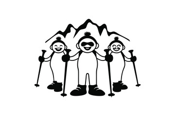 Three cartoon skiers enjoy a mountain outing, holding ski poles, showing happiness
