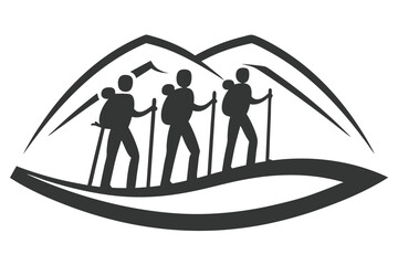 Three hikers are silhouetted against mountains, with backpacks and hiking poles in black and white