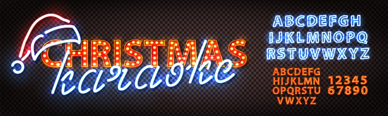Vector neon sign of Christmas Karaoke with neon alphabet font isolated on transparent background.