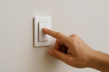 Close-up of male hand pressing modern light switch on beige wall, showcasing energy-saving lifestyle and home automation concept in daily routine. Ai generative