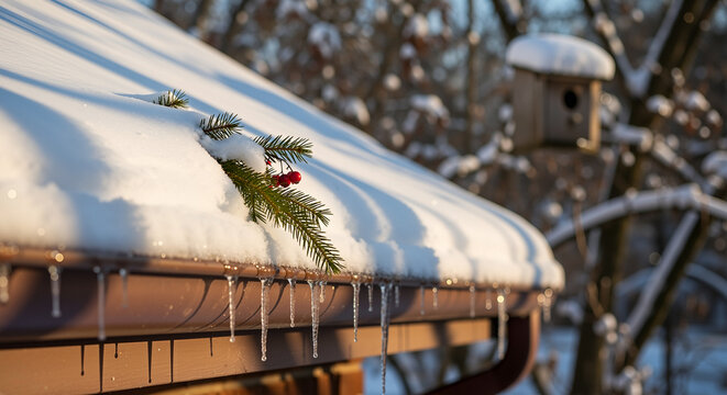 Snow on gutter edge thick snow blanket on house eaves with icicles hanging, sprig of evergreen and red berries tucked in, peaceful winter home detail concept repeating gutter eaves roof edge
