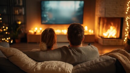 Man and woman relaxing on couch and watching movie on television. Couple enjoying romantic evening at home. Cozy Christmas or New year celebration.