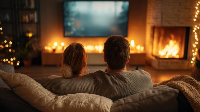 Man and woman relaxing on couch and watching movie on television. Couple enjoying romantic evening at home. Cozy Christmas or New year celebration. - Powered by Adobe