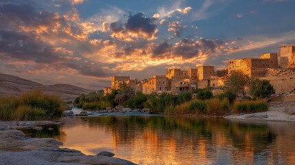 Fototapeta premium Ancient muddy village with traditional adobe buildings next to flowing river at sunset. Scenic middle eastern landscape for travel or historical content.