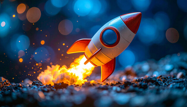 Toy rocket model igniting engines with glowing orange sparks and fire effects, rugged surface
