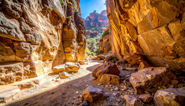 Rugged stone passageway carved into natural rock, scattered boulders on the floor, canyon landscape